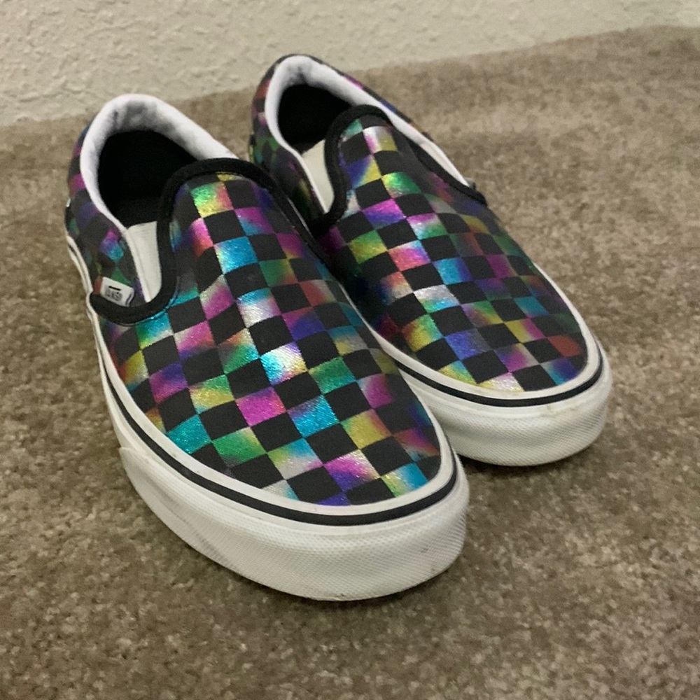 Rainbow checkered Slip on Vans, worn 3 times